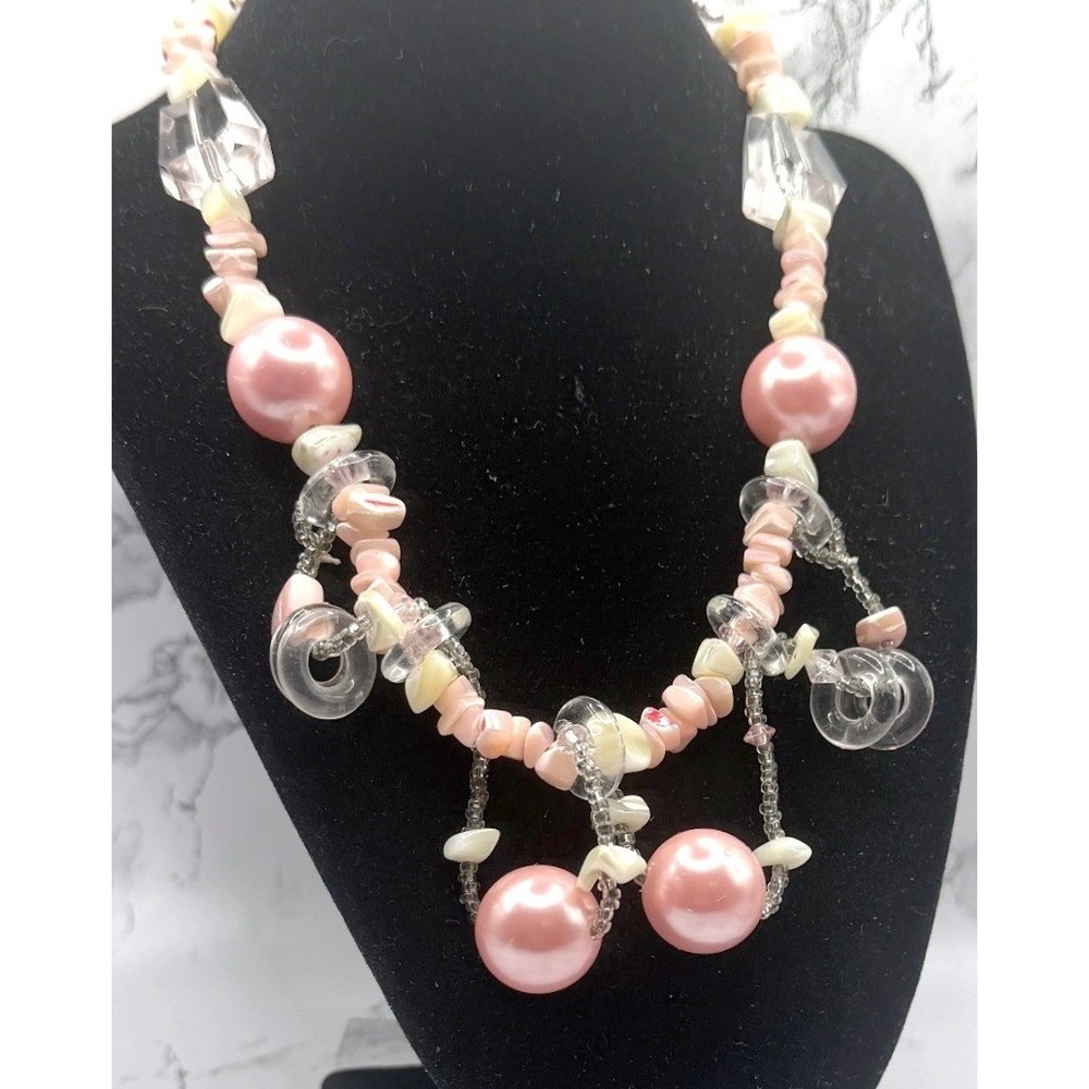 Chunky Pink Beaded Necklace Faux Pearl Beads Statement 17"